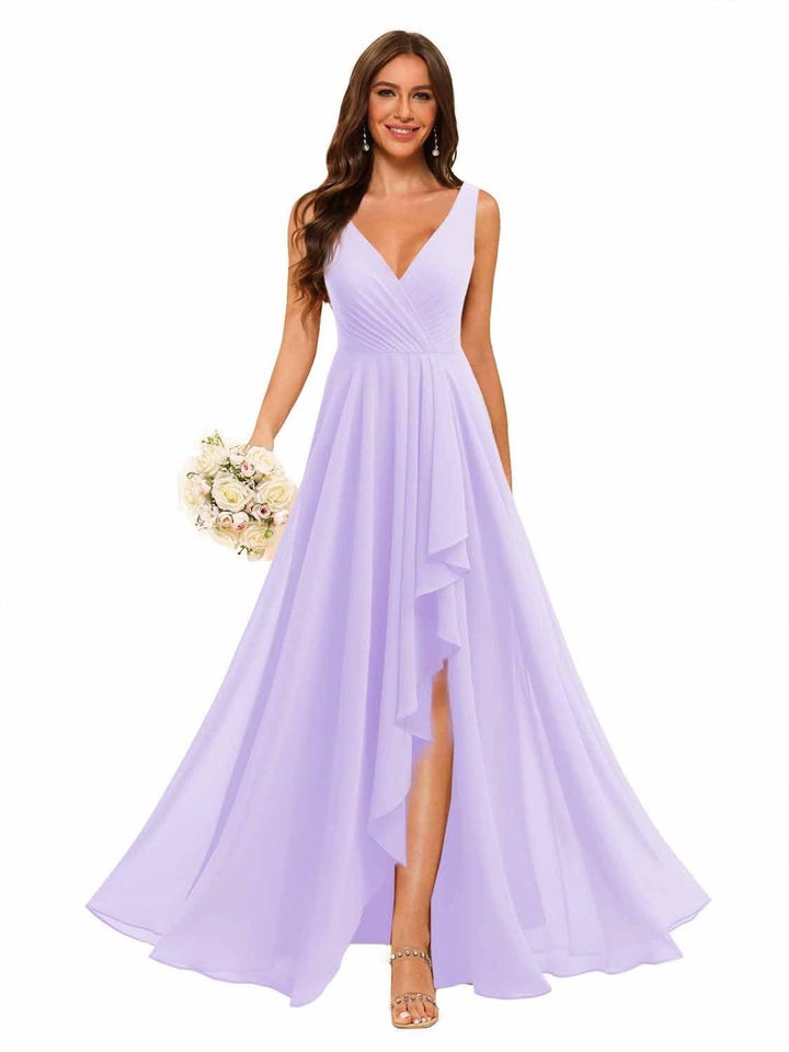 Ligne A/Princesse  Col en V Sans Manches Floor Length  Robes de Demoiselle d'Honneur Mousseline avec Slit Les Poches