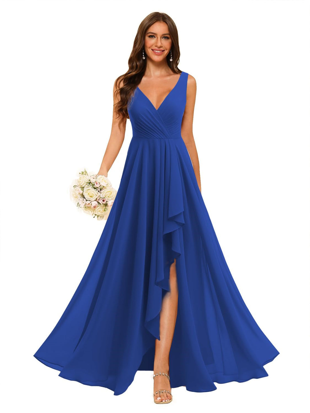 Ligne A/Princesse  Col en V Sans Manches Floor Length  Robes de Demoiselle d'Honneur Mousseline avec Slit Les Poches