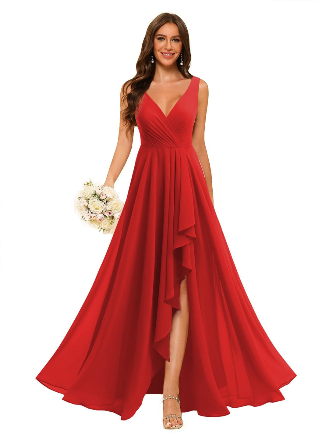 Ligne A/Princesse  Col en V Sans Manches Floor Length  Robes de Demoiselle d'Honneur Mousseline avec Slit Les Poches