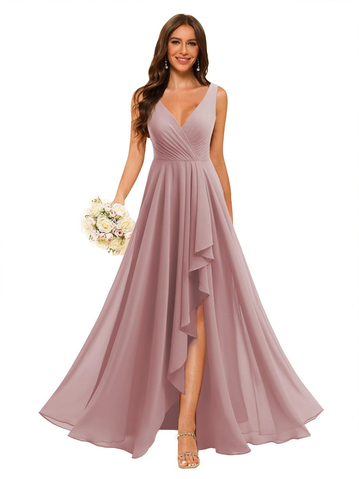 Ligne A/Princesse  Col en V Sans Manches Floor Length  Robes de Demoiselle d'Honneur Mousseline avec Slit Les Poches