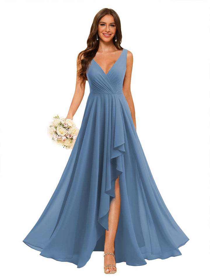 Ligne A/Princesse  Col en V Sans Manches Floor Length  Robes de Demoiselle d'Honneur Mousseline avec Slit Les Poches