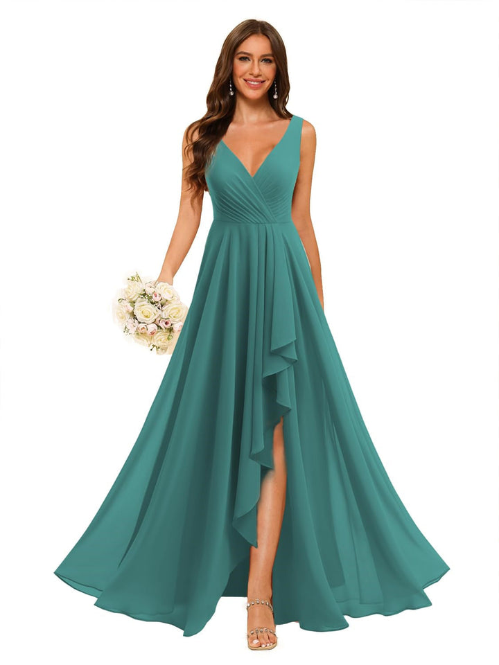 Ligne A/Princesse  Col en V Sans Manches Floor Length  Robes de Demoiselle d'Honneur Mousseline avec Slit Les Poches