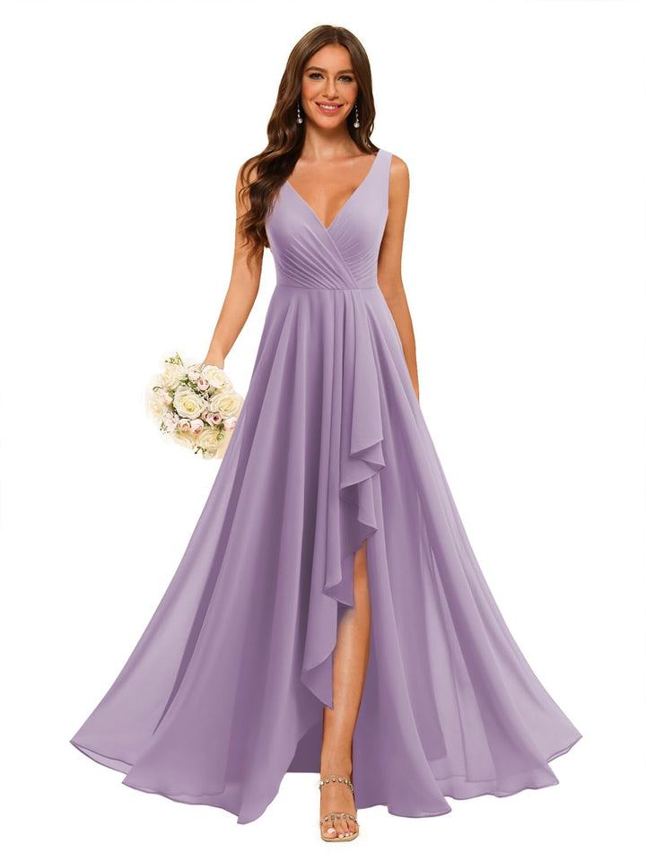 Ligne A/Princesse  Col en V Sans Manches Floor Length  Robes de Demoiselle d'Honneur Mousseline avec Slit Les Poches