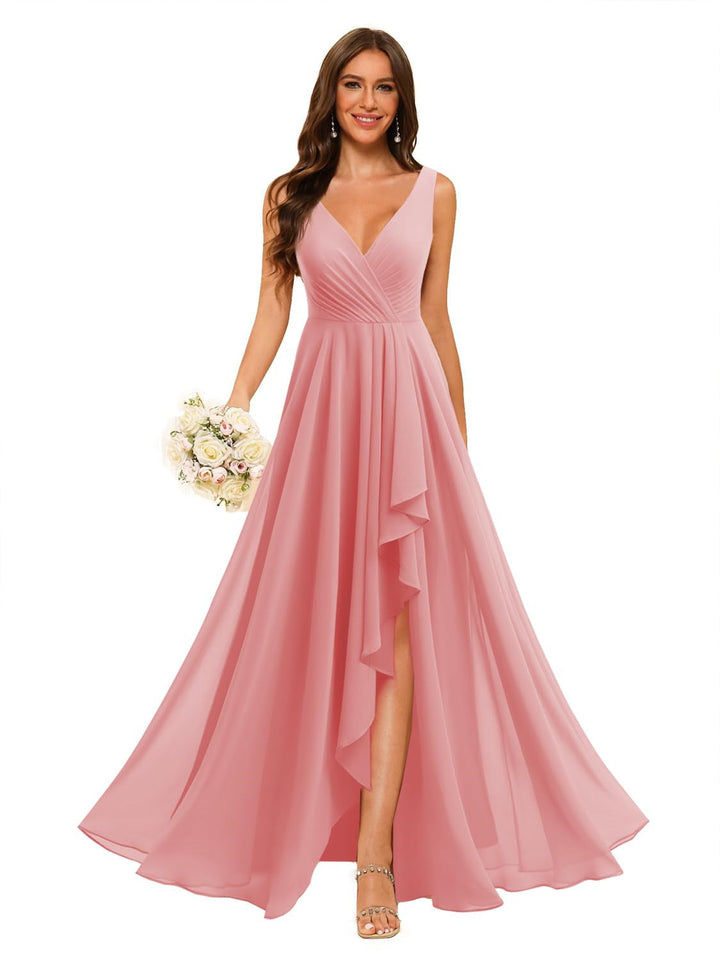 Ligne A/Princesse  Col en V Sans Manches Floor Length  Robes de Demoiselle d'Honneur Mousseline avec Slit Les Poches