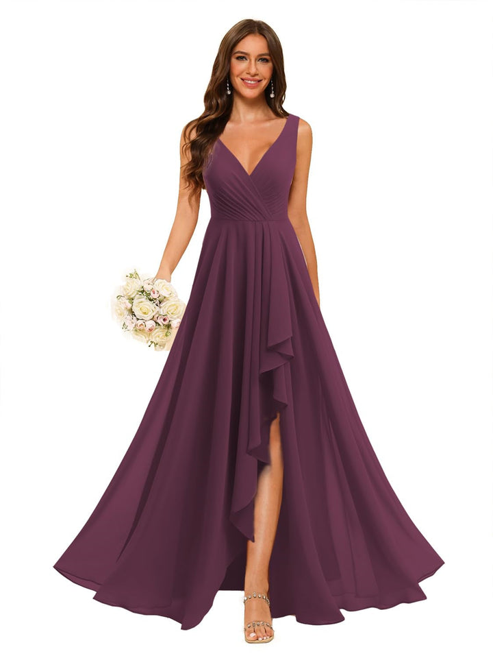 Ligne A/Princesse  Col en V Sans Manches Floor Length  Robes de Demoiselle d'Honneur Mousseline avec Slit Les Poches
