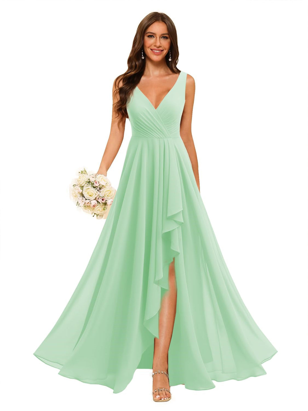 Ligne A/Princesse  Col en V Sans Manches Floor Length  Robes de Demoiselle d'Honneur Mousseline avec Slit Les Poches