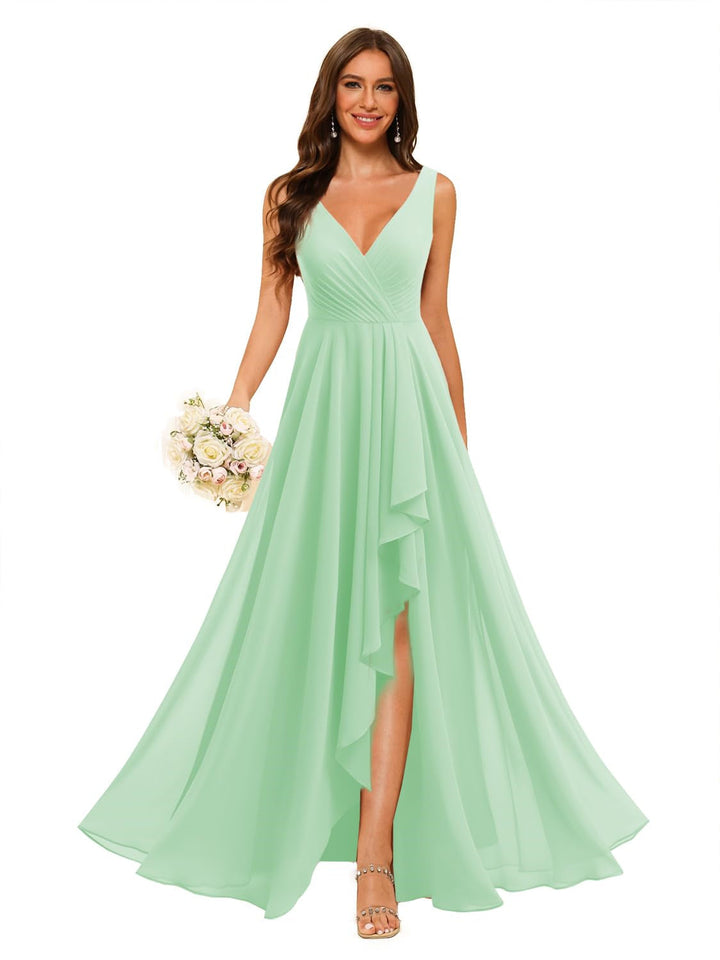 Ligne A/Princesse  Col en V Sans Manches Floor Length  Robes de Demoiselle d'Honneur Mousseline avec Slit Les Poches