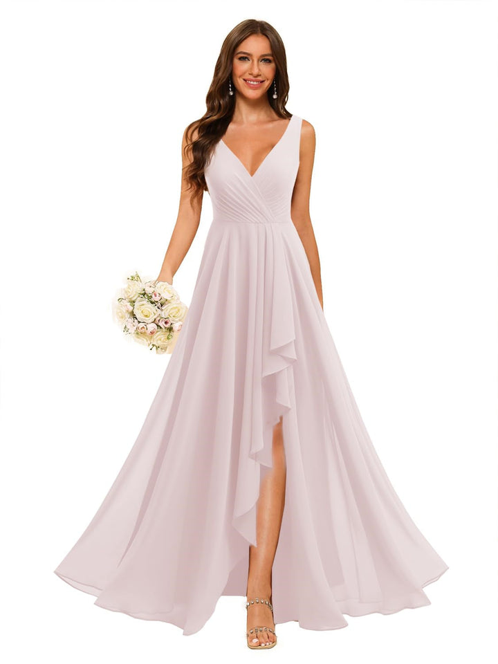 Ligne A/Princesse  Col en V Sans Manches Floor Length  Robes de Demoiselle d'Honneur Mousseline avec Slit Les Poches