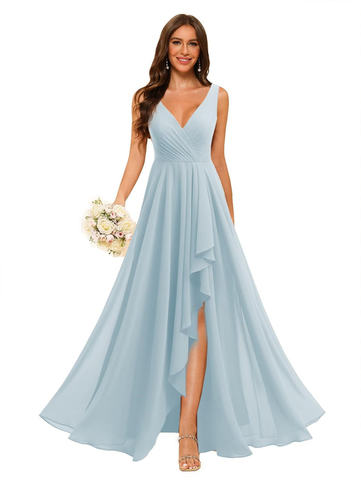Ligne A/Princesse  Col en V Sans Manches Floor Length  Robes de Demoiselle d'Honneur Mousseline avec Slit Les Poches