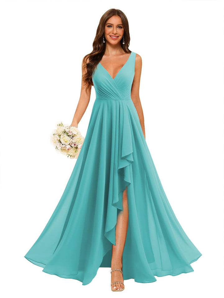 Ligne A/Princesse  Col en V Sans Manches Floor Length  Robes de Demoiselle d'Honneur Mousseline avec Slit Les Poches