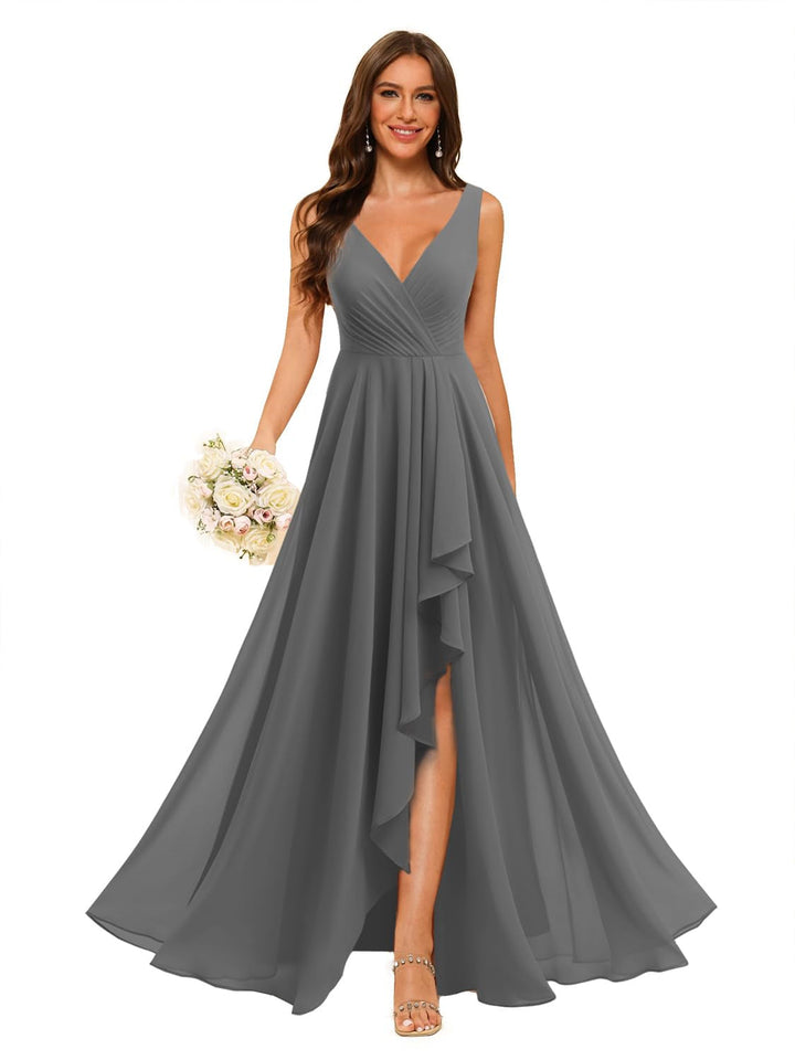 Ligne A/Princesse  Col en V Sans Manches Floor Length  Robes de Demoiselle d'Honneur Mousseline avec Slit Les Poches