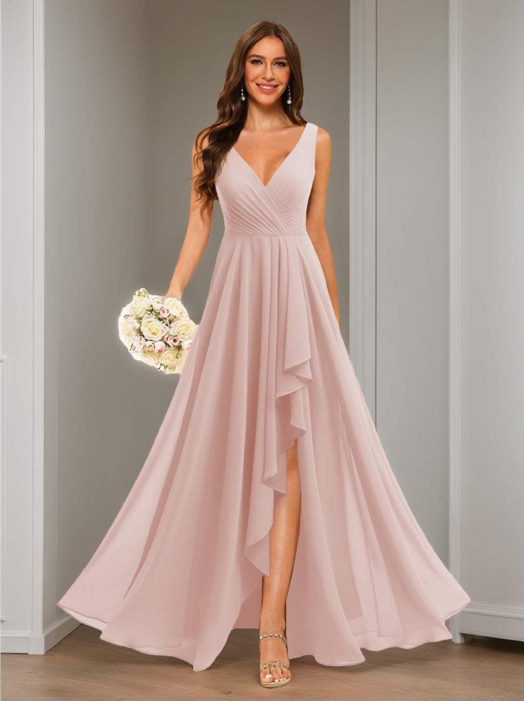 Ligne A/Princesse  Col en V Sans Manches Floor Length  Robes de Demoiselle d'Honneur Mousseline avec Slit Les Poches