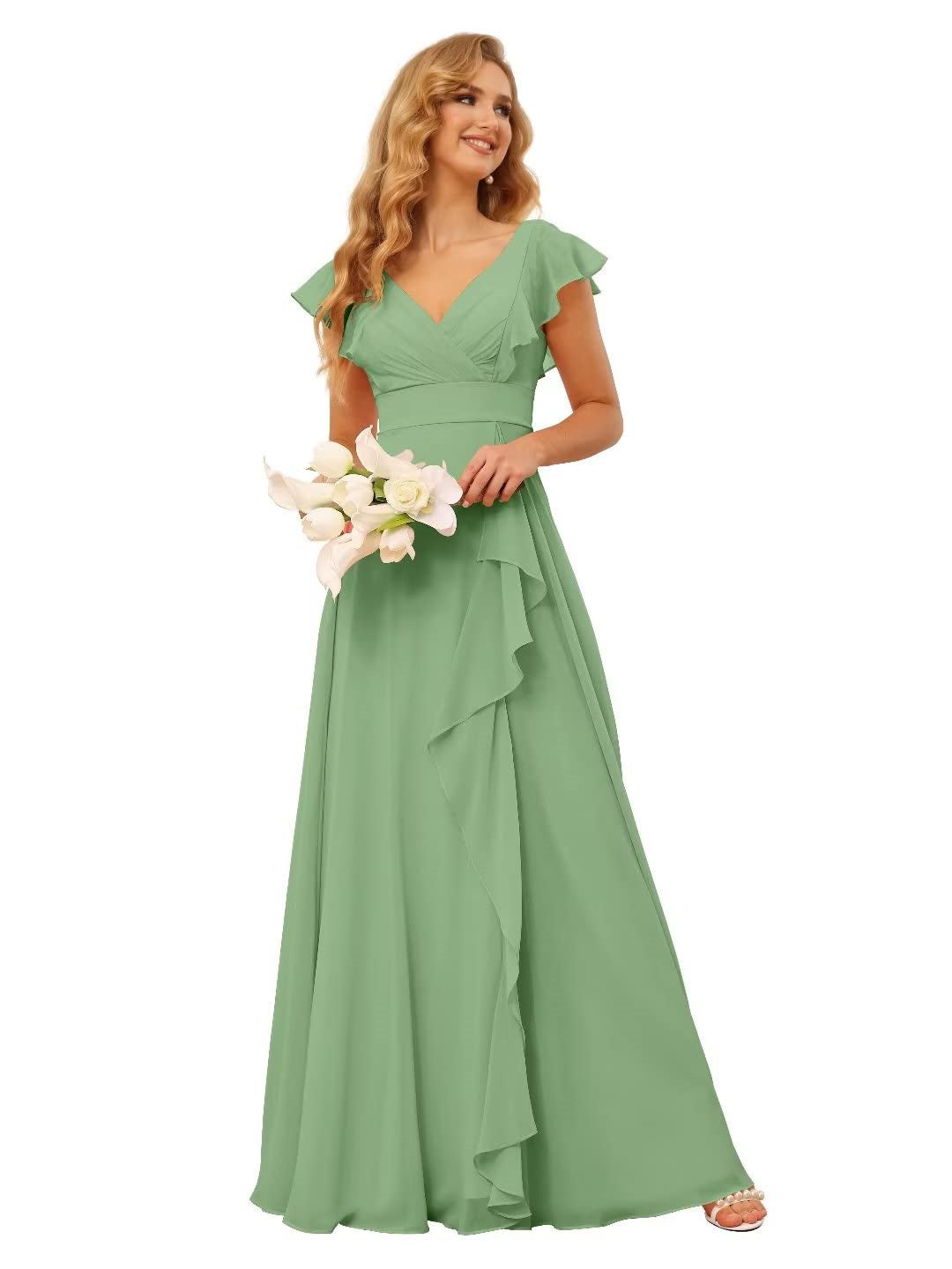 Ligne A/Princesse  Col en V Court Manche Floor Length  Robes de Demoiselle d'Honneur avec Ruffled Split