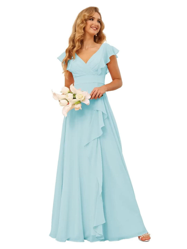 Ligne A/Princesse  Col en V Court Manche Floor Length  Robes de Demoiselle d'Honneur avec Ruffled Split