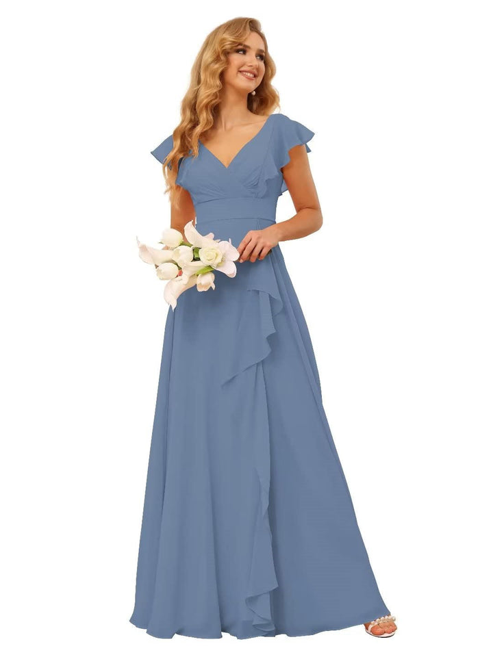 Ligne A/Princesse  Col en V Court Manche Floor Length  Robes de Demoiselle d'Honneur avec Ruffled Split