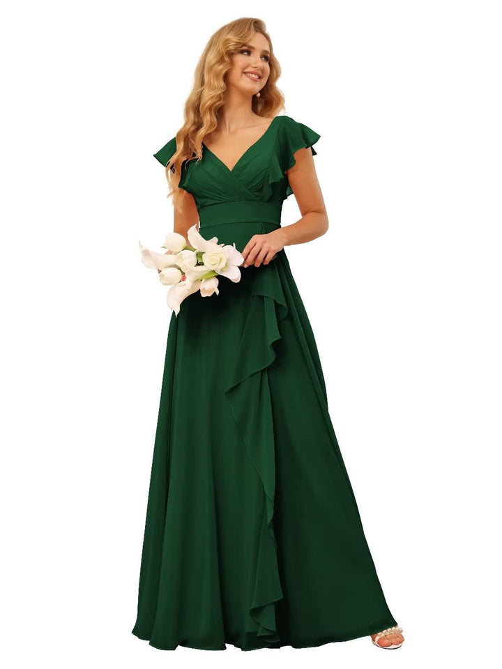 Ligne A/Princesse  Col en V Court Manche Floor Length  Robes de Demoiselle d'Honneur avec Ruffled Split