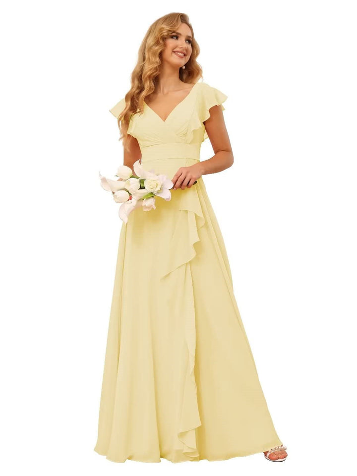 Ligne A/Princesse  Col en V Court Manche Floor Length  Robes de Demoiselle d'Honneur avec Ruffled Split