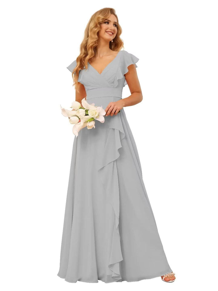 Ligne A/Princesse  Col en V Court Manche Floor Length  Robes de Demoiselle d'Honneur avec Ruffled Split