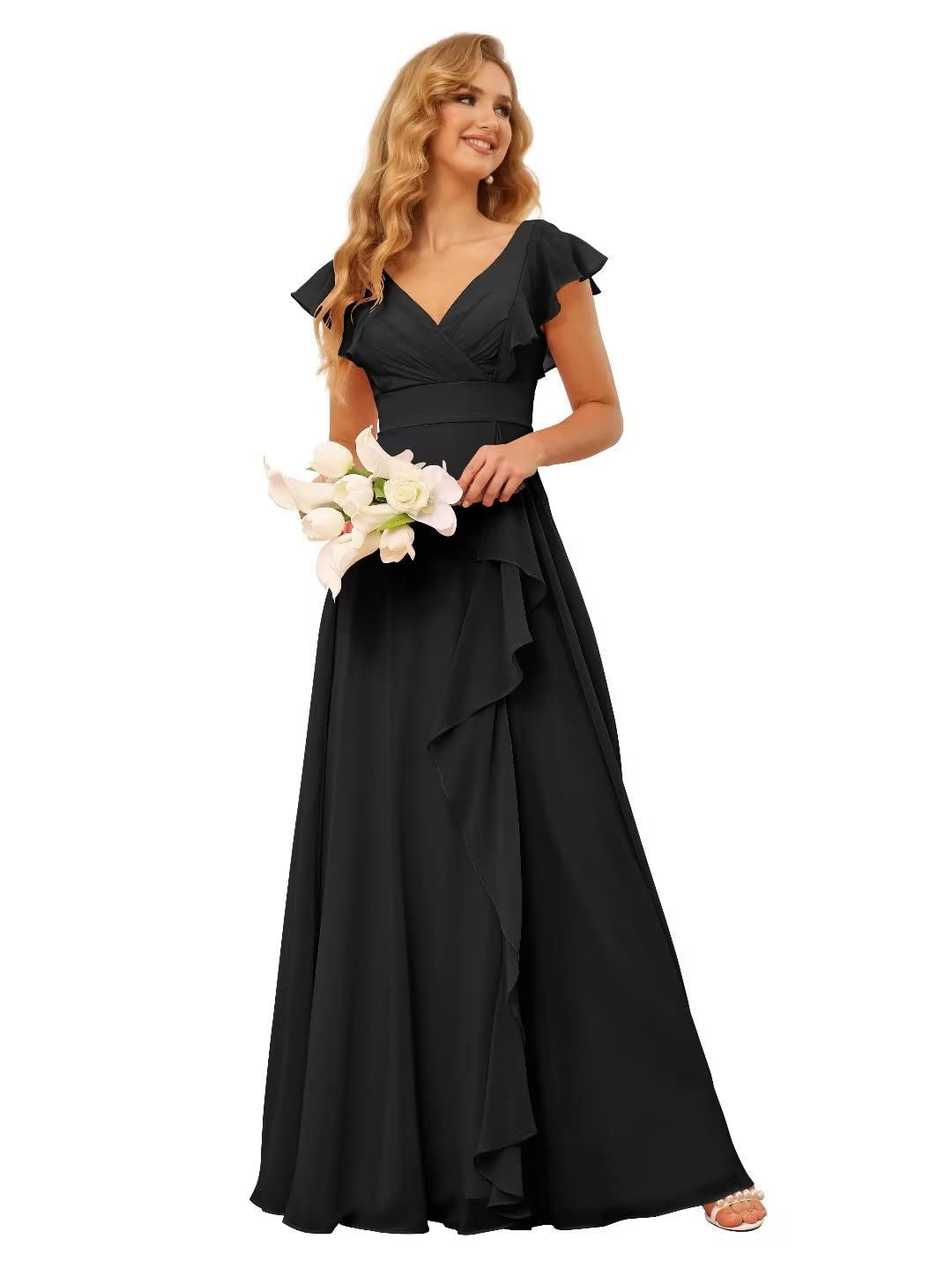 Ligne A/Princesse  Col en V Court Manche Floor Length  Robes de Demoiselle d'Honneur avec Ruffled Split