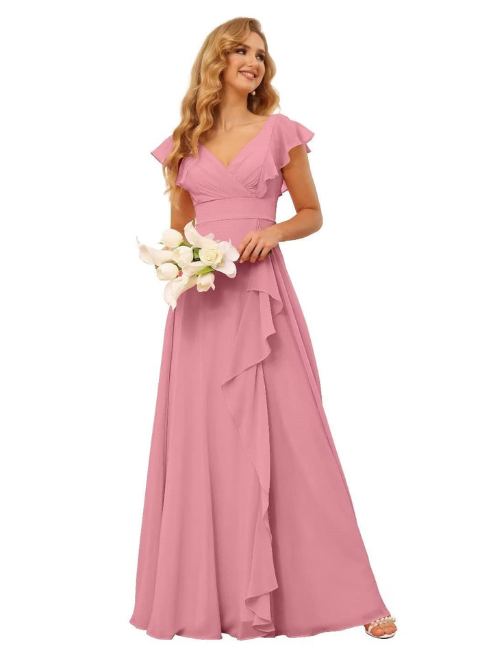 Ligne A/Princesse  Col en V Court Manche Floor Length  Robes de Demoiselle d'Honneur avec Ruffled Split