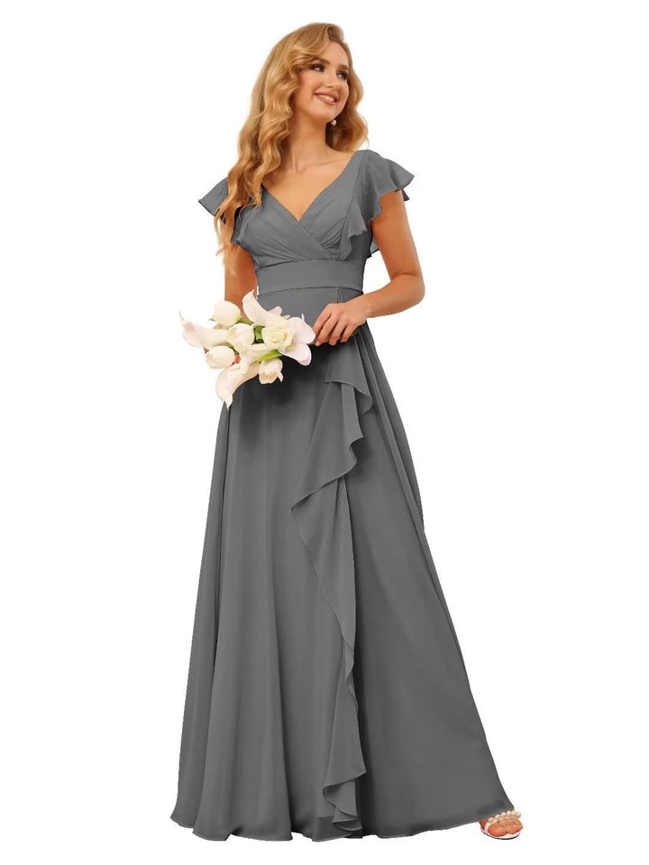 Ligne A/Princesse  Col en V Court Manche Floor Length  Robes de Demoiselle d'Honneur avec Ruffled Split