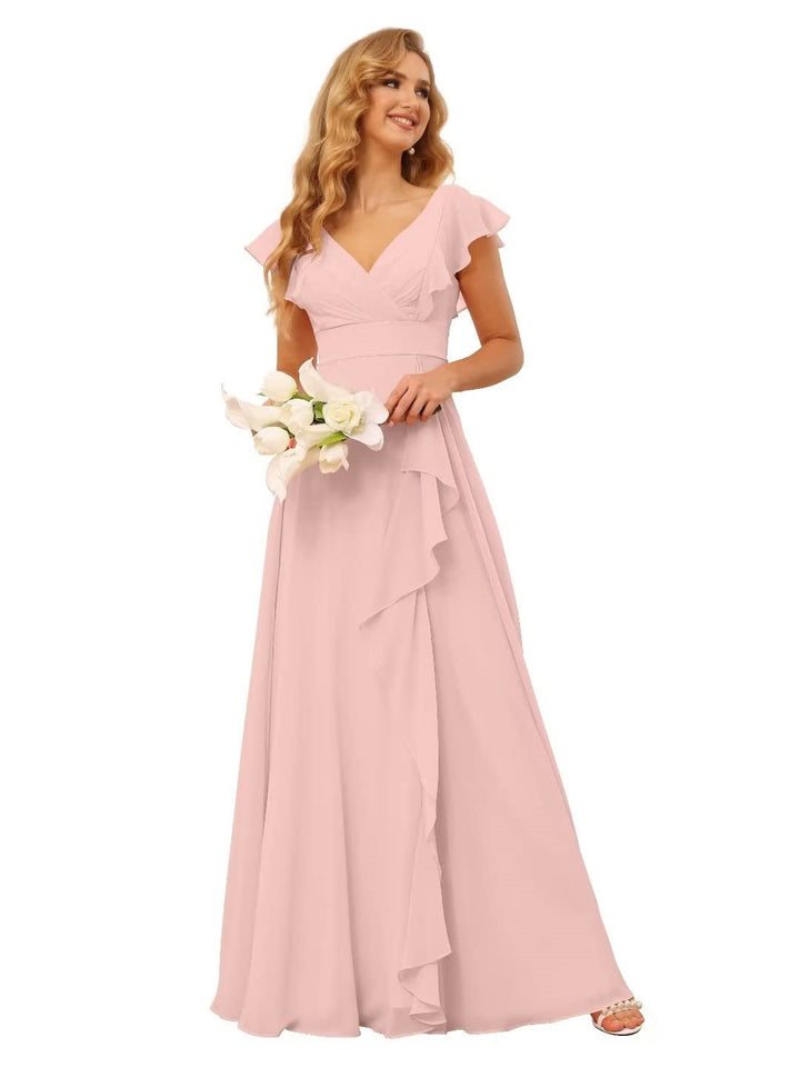 Ligne A/Princesse  Col en V Court Manche Floor Length  Robes de Demoiselle d'Honneur avec Ruffled Split