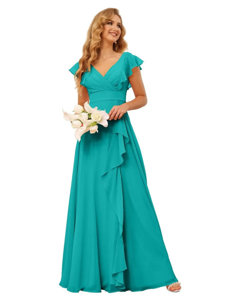 Ligne A/Princesse  Col en V Court Manche Floor Length  Robes de Demoiselle d'Honneur avec Ruffled Split