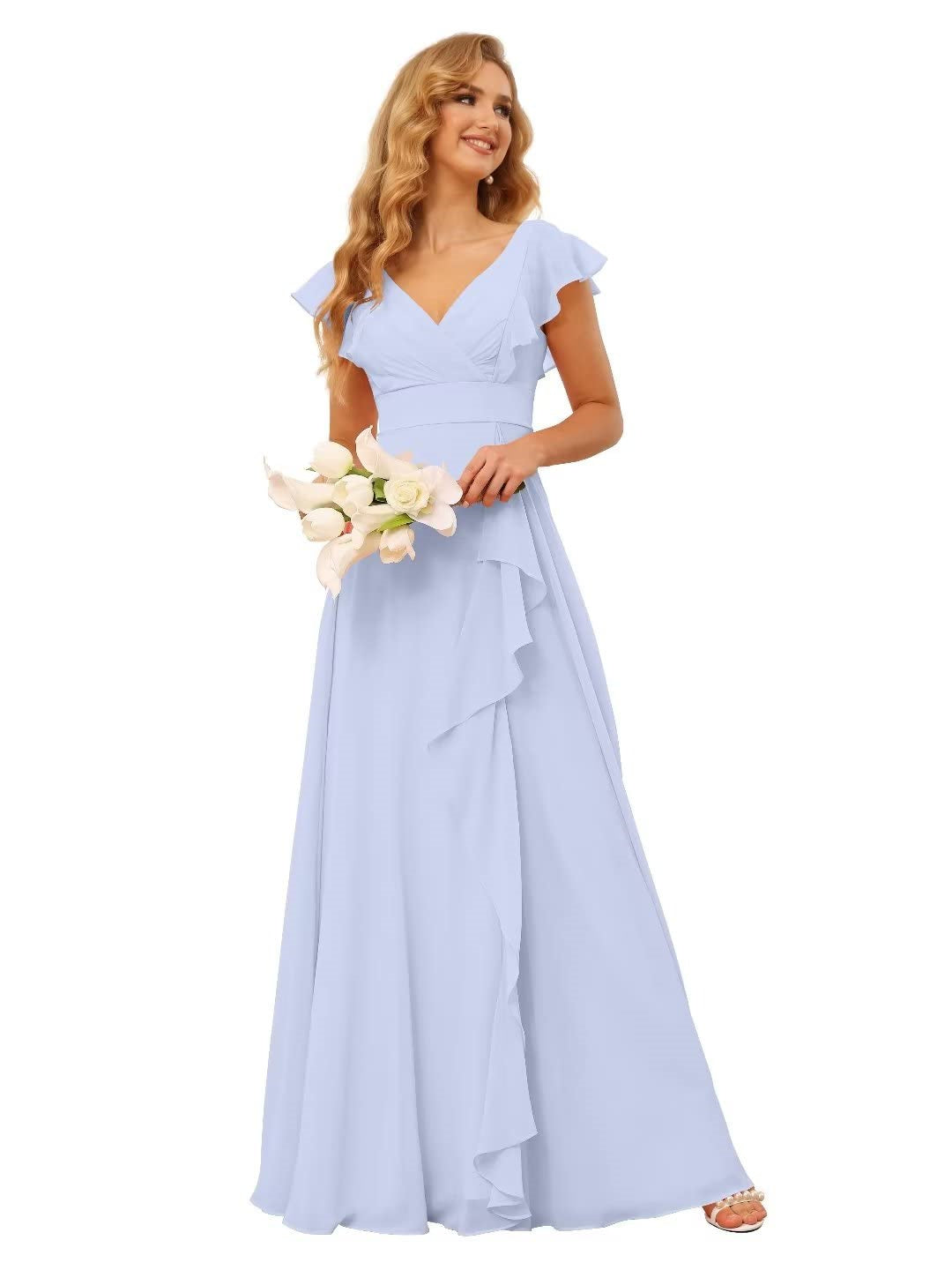 Ligne A/Princesse  Col en V Court Manche Floor Length  Robes de Demoiselle d'Honneur avec Ruffled Split