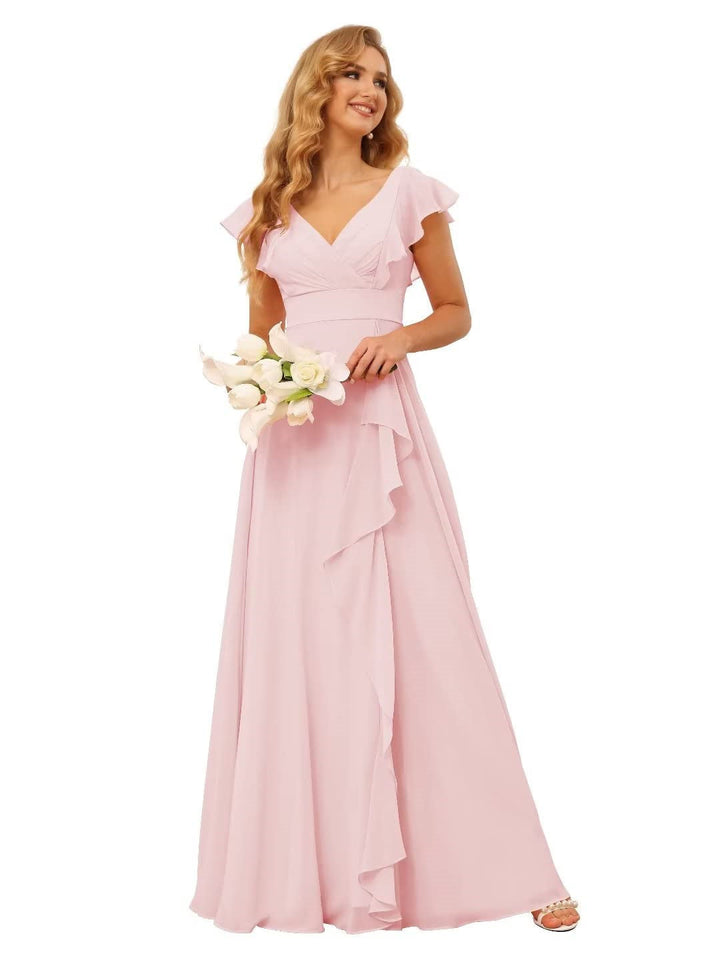 Ligne A/Princesse  Col en V Court Manche Floor Length  Robes de Demoiselle d'Honneur avec Ruffled Split