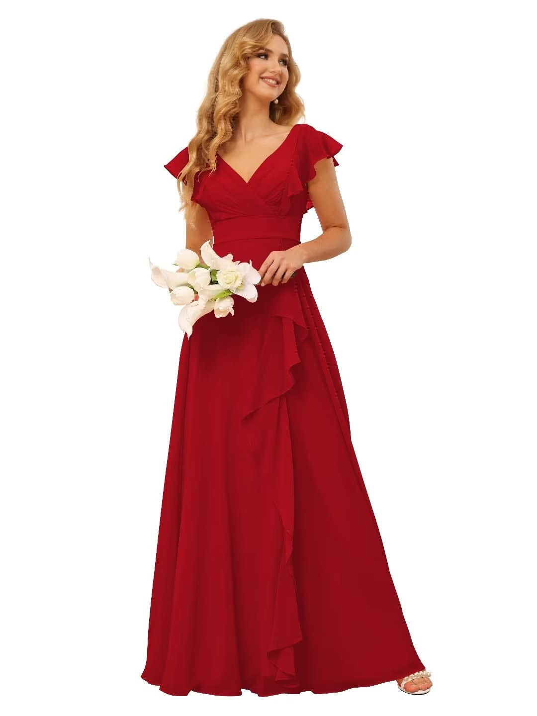 Ligne A/Princesse  Col en V Court Manche Floor Length  Robes de Demoiselle d'Honneur avec Ruffled Split