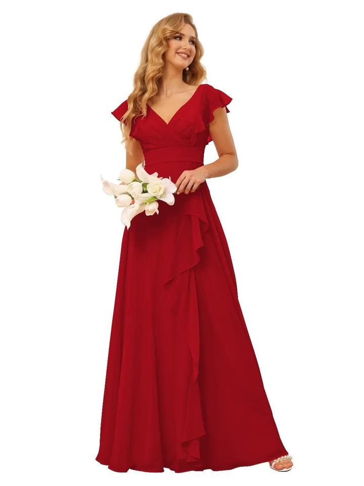 Ligne A/Princesse  Col en V Court Manche Floor Length  Robes de Demoiselle d'Honneur avec Ruffled Split