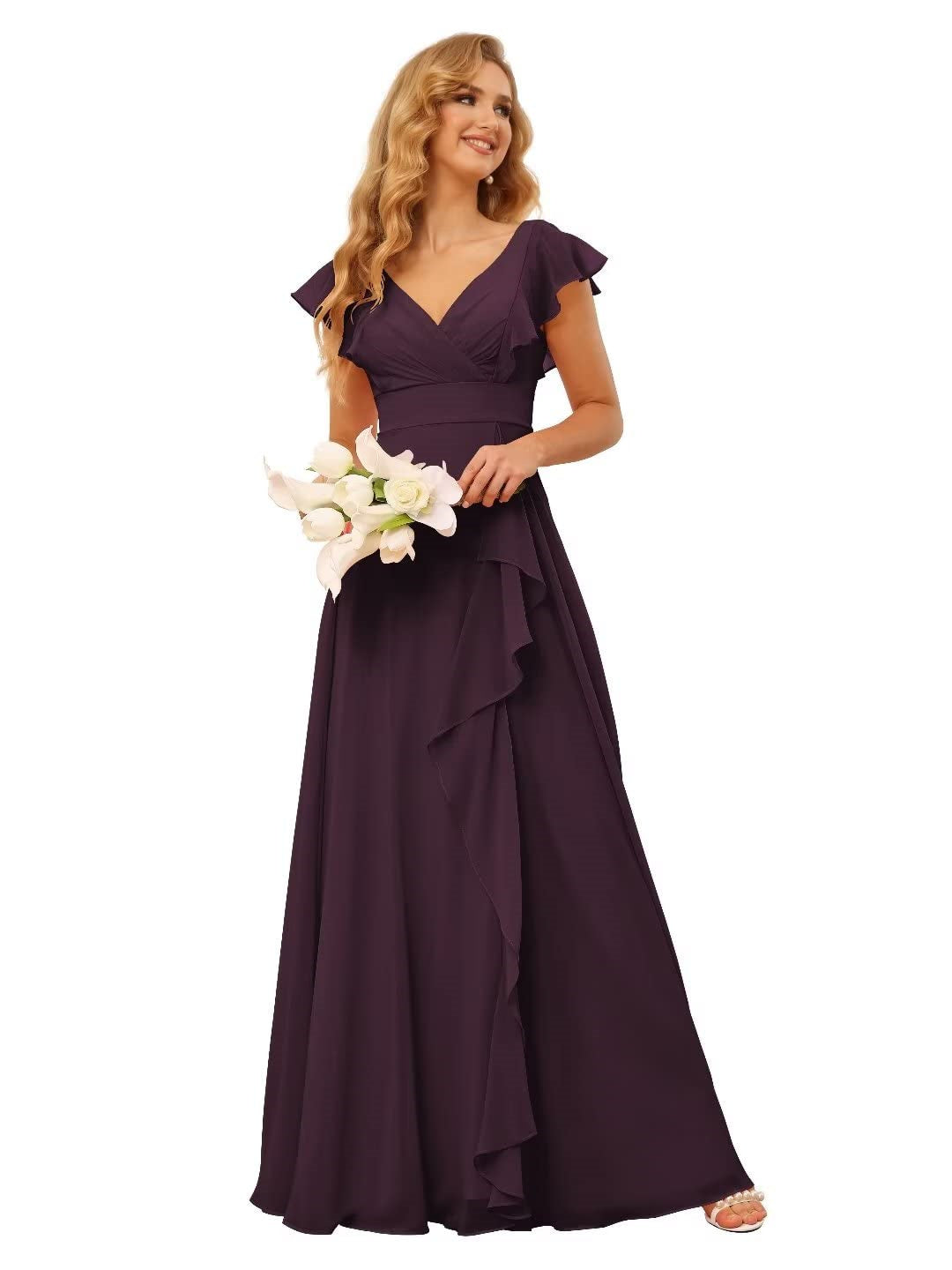 Ligne A/Princesse  Col en V Court Manche Floor Length  Robes de Demoiselle d'Honneur avec Ruffled Split
