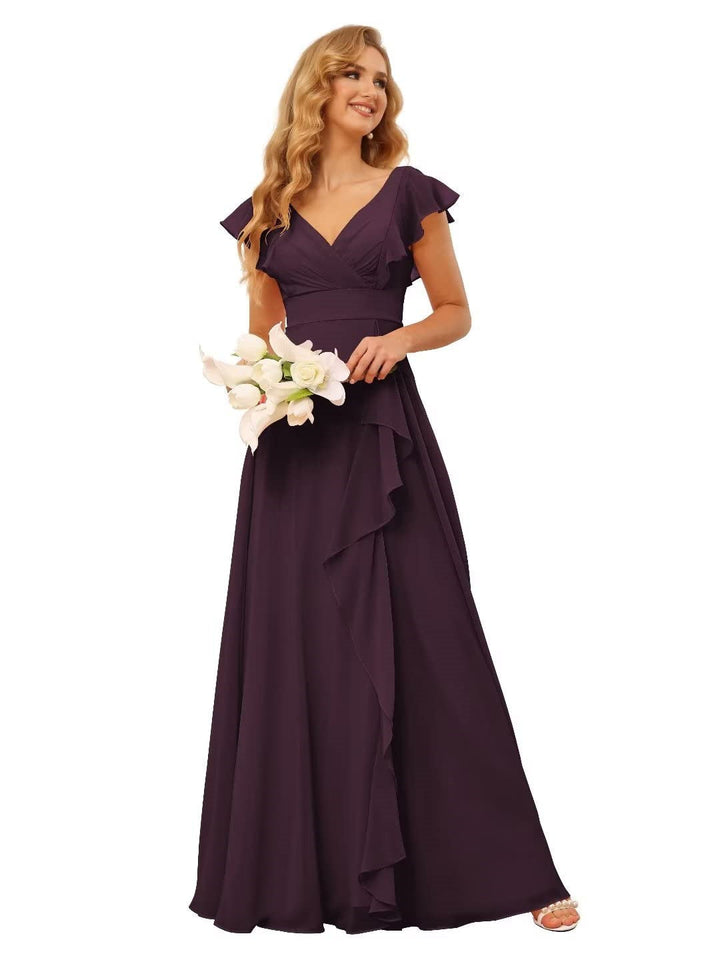 Ligne A/Princesse  Col en V Court Manche Floor Length  Robes de Demoiselle d'Honneur avec Ruffled Split
