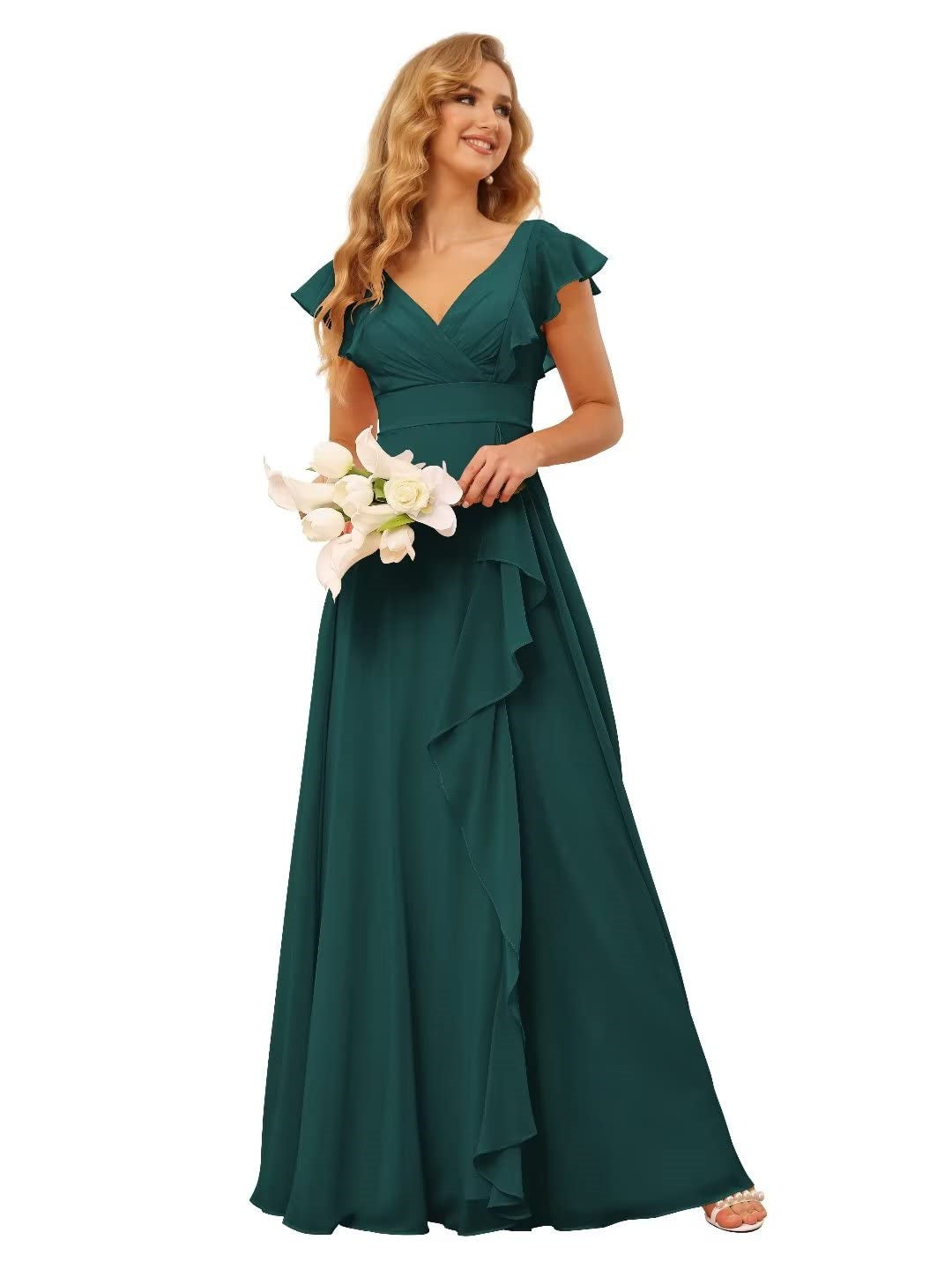 Ligne A/Princesse  Col en V Court Manche Floor Length  Robes de Demoiselle d'Honneur avec Ruffled Split