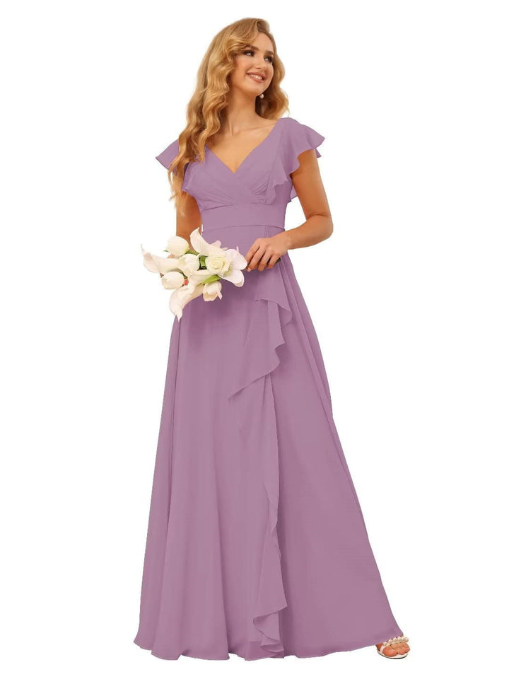 Ligne A/Princesse  Col en V Court Manche Floor Length  Robes de Demoiselle d'Honneur avec Ruffled Split