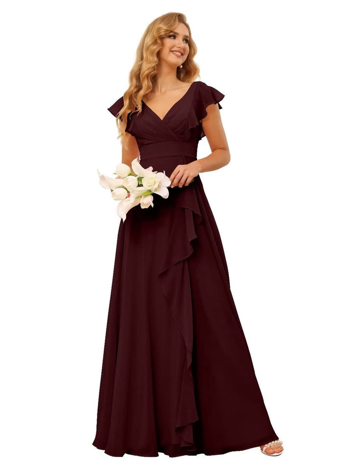 Ligne A/Princesse  Col en V Court Manche Floor Length  Robes de Demoiselle d'Honneur avec Ruffled Split