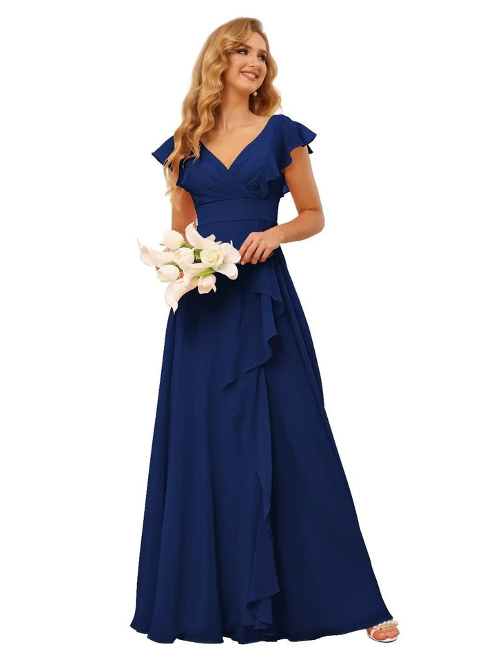 Ligne A/Princesse  Col en V Court Manche Floor Length  Robes de Demoiselle d'Honneur avec Ruffled Split