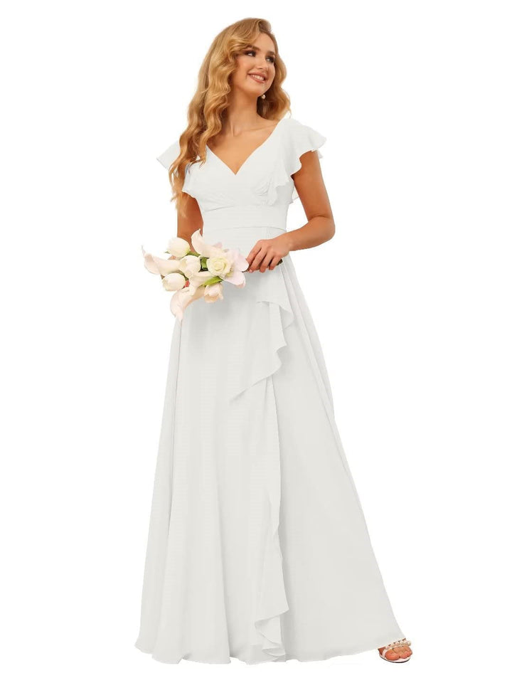 Ligne A/Princesse  Col en V Court Manche Floor Length  Robes de Demoiselle d'Honneur avec Ruffled Split