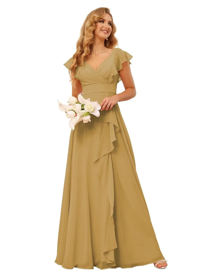 Ligne A/Princesse  Col en V Court Manche Floor Length  Robes de Demoiselle d'Honneur avec Ruffled Split