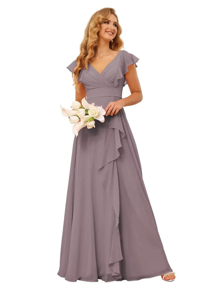 Ligne A/Princesse  Col en V Court Manche Floor Length  Robes de Demoiselle d'Honneur avec Ruffled Split