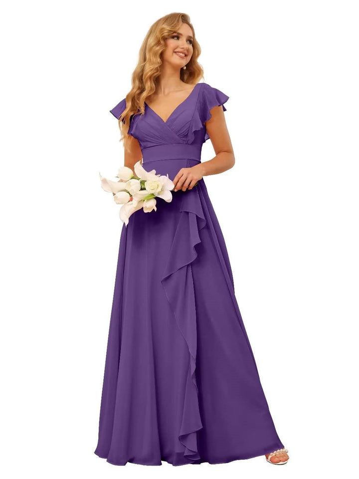 Ligne A/Princesse  Col en V Court Manche Floor Length  Robes de Demoiselle d'Honneur avec Ruffled Split