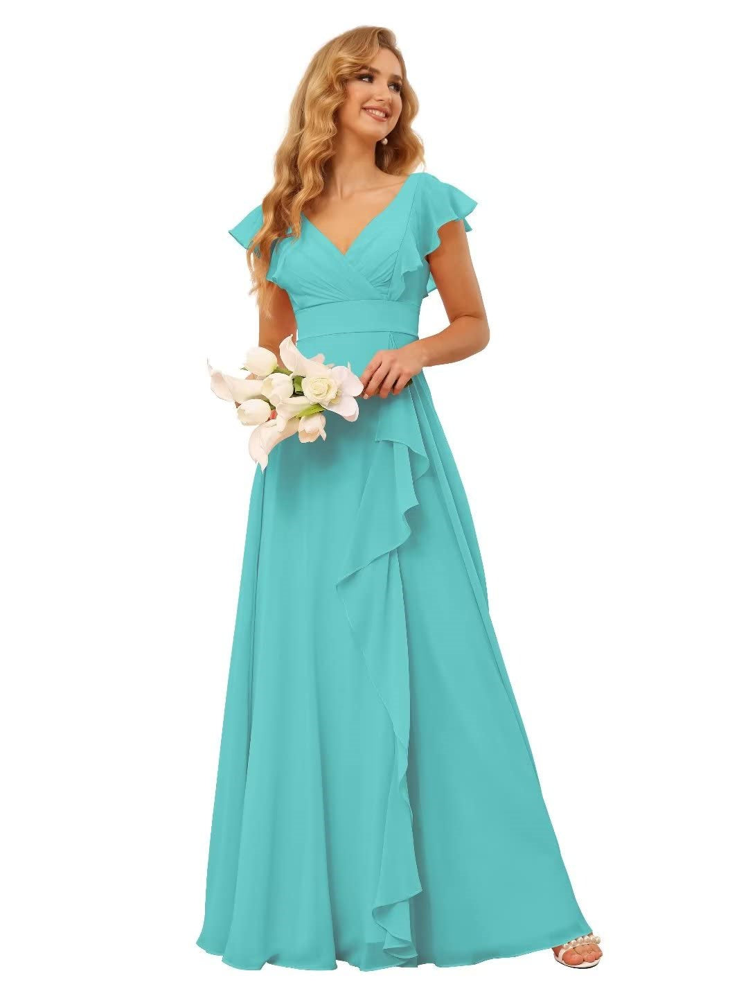 Ligne A/Princesse  Col en V Court Manche Floor Length  Robes de Demoiselle d'Honneur avec Ruffled Split