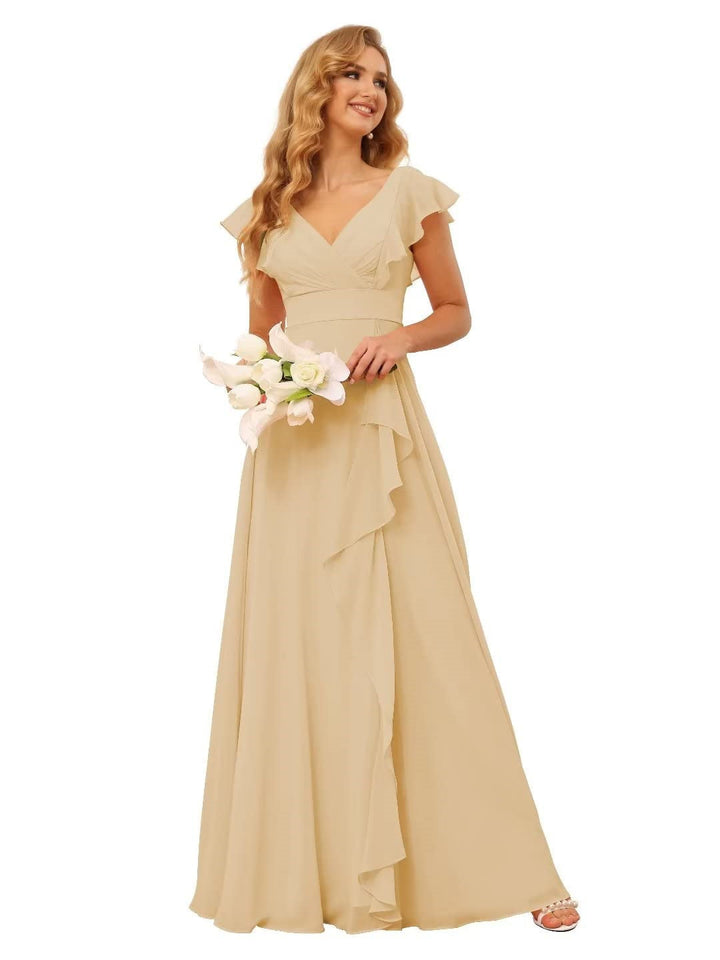 Ligne A/Princesse  Col en V Court Manche Floor Length  Robes de Demoiselle d'Honneur avec Ruffled Split