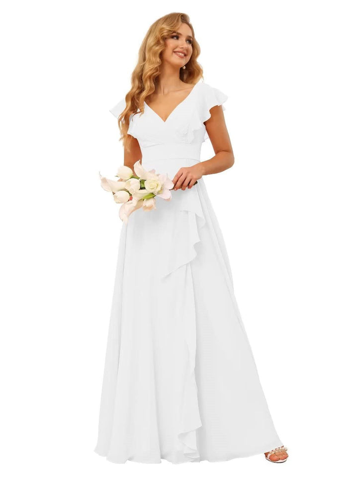 Ligne A/Princesse  Col en V Court Manche Floor Length  Robes de Demoiselle d'Honneur avec Ruffled Split