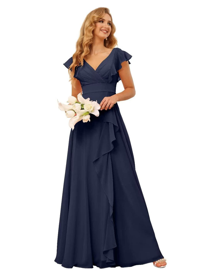 Ligne A/Princesse  Col en V Court Manche Floor Length  Robes de Demoiselle d'Honneur avec Ruffled Split