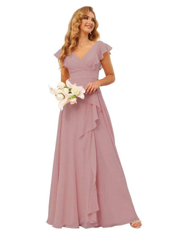 Ligne A/Princesse  Col en V Court Manche Floor Length  Robes de Demoiselle d'Honneur avec Ruffled Split