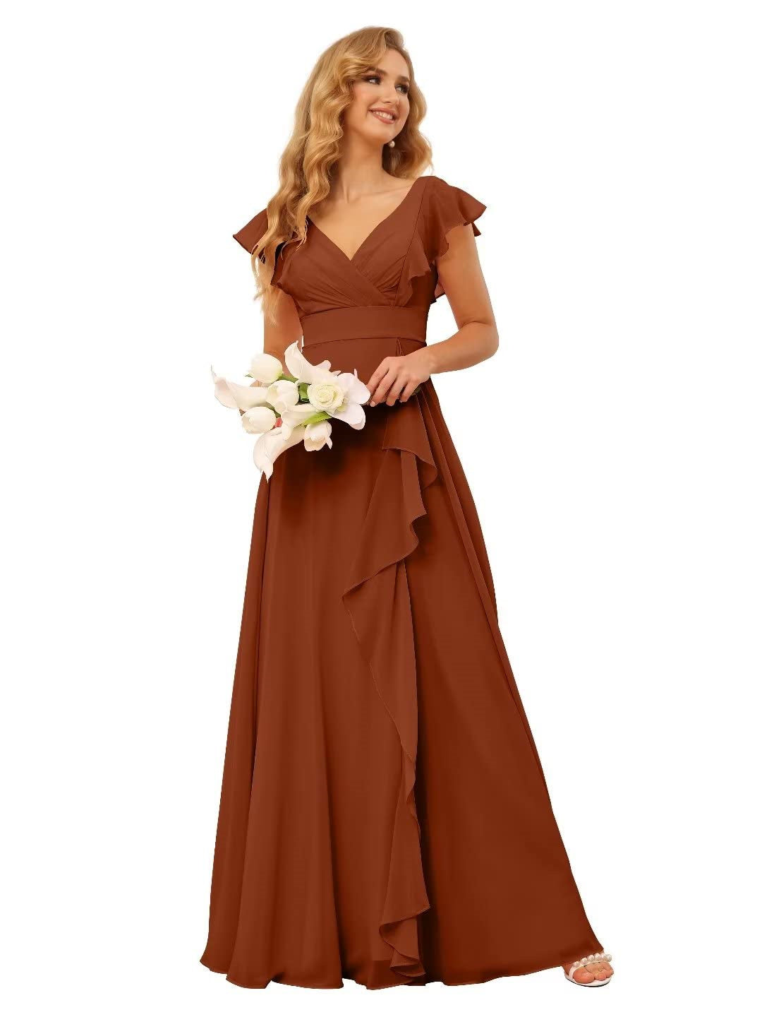 Ligne A/Princesse  Col en V Court Manche Floor Length  Robes de Demoiselle d'Honneur avec Ruffled Split