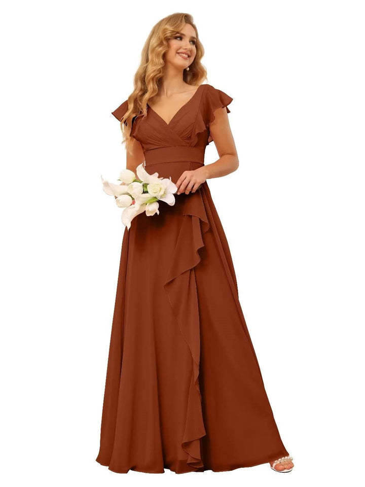 Ligne A/Princesse  Col en V Court Manche Floor Length  Robes de Demoiselle d'Honneur avec Ruffled Split