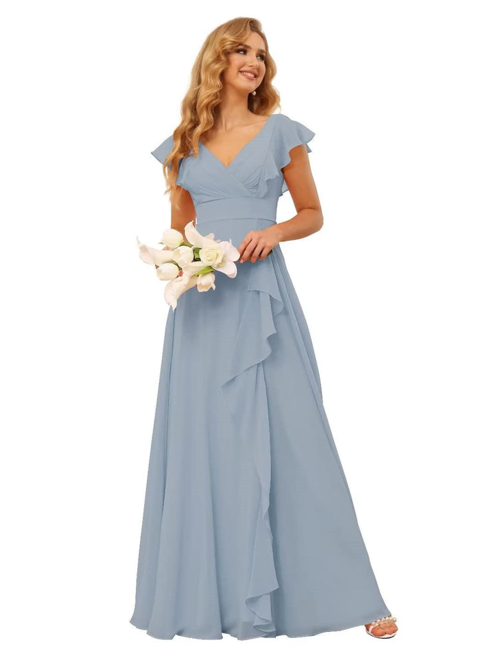 Ligne A/Princesse  Col en V Court Manche Floor Length  Robes de Demoiselle d'Honneur avec Ruffled Split