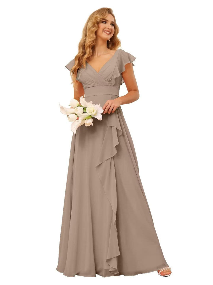 Ligne A/Princesse  Col en V Court Manche Floor Length  Robes de Demoiselle d'Honneur avec Ruffled Split